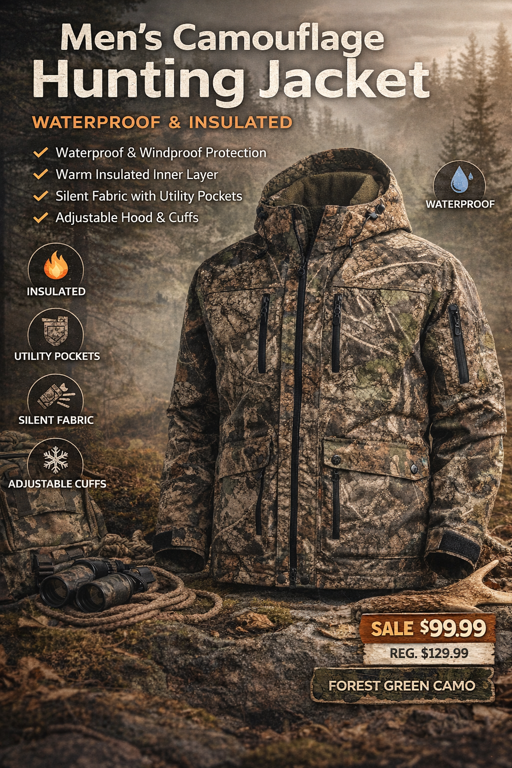 Men’s Camouflage Hunting Jacket – Waterproof & Insulated